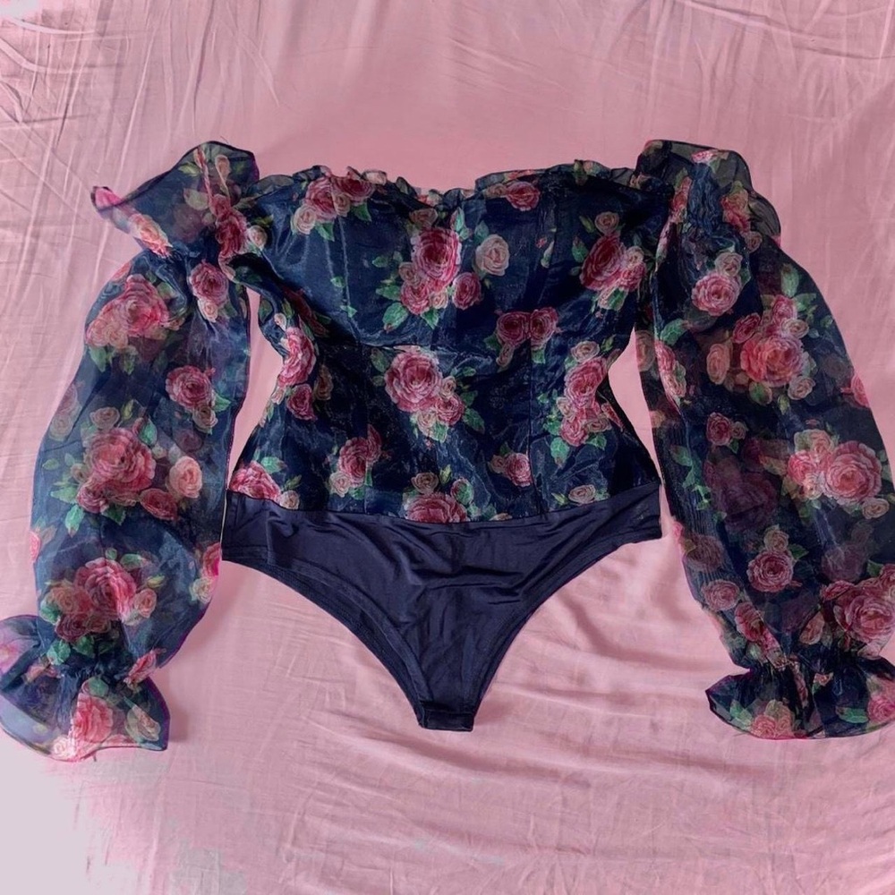 Navy Floral Off the Shoulder Mesh Body Suit by Rare London